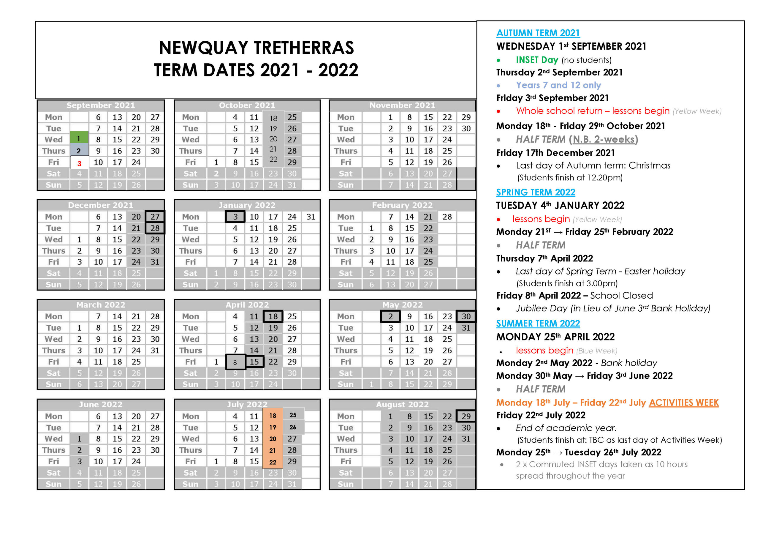 Academic Calendar For Newquay Tretherras For 21 22