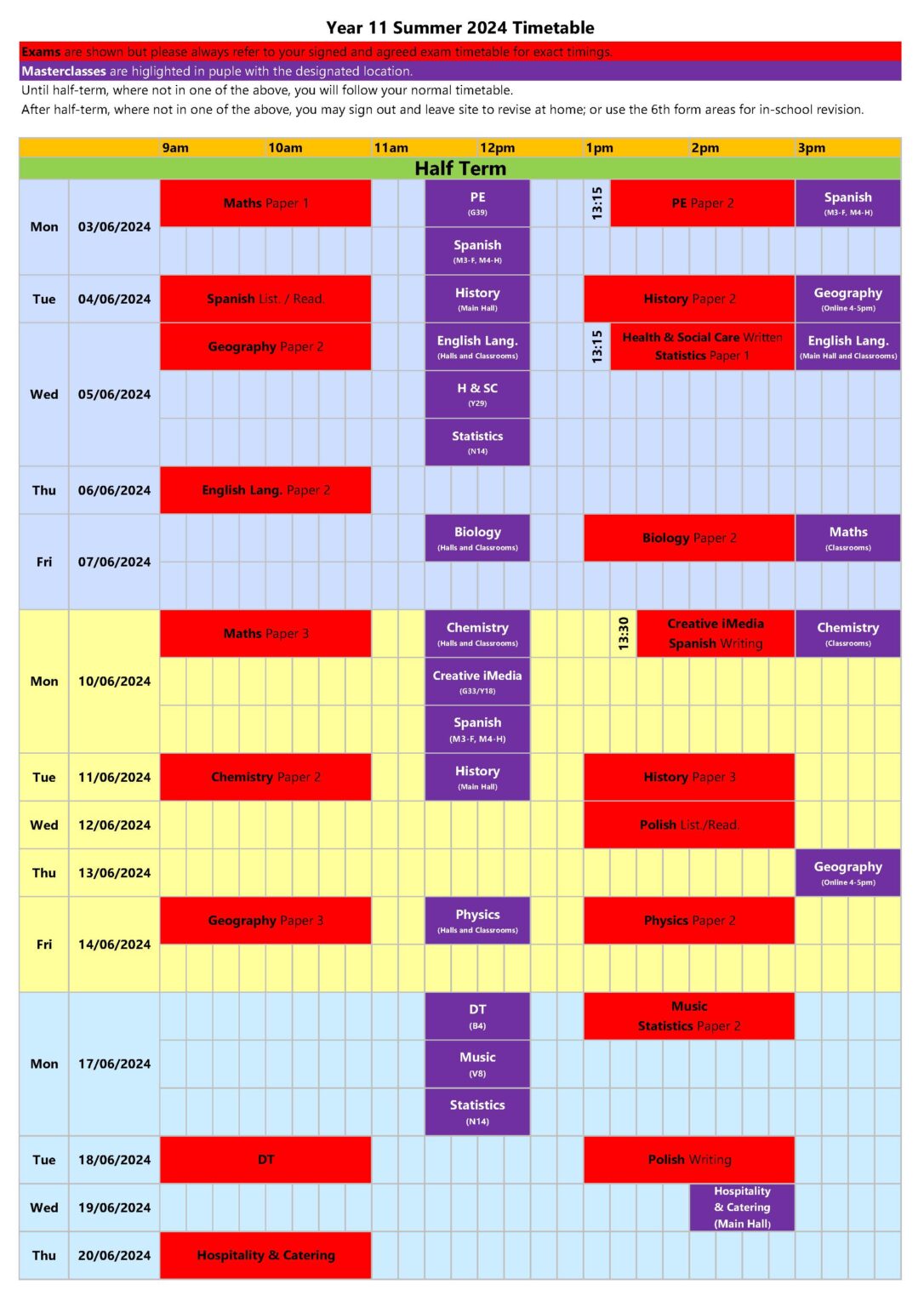 Year 11 Masterclass 2024 Timetable